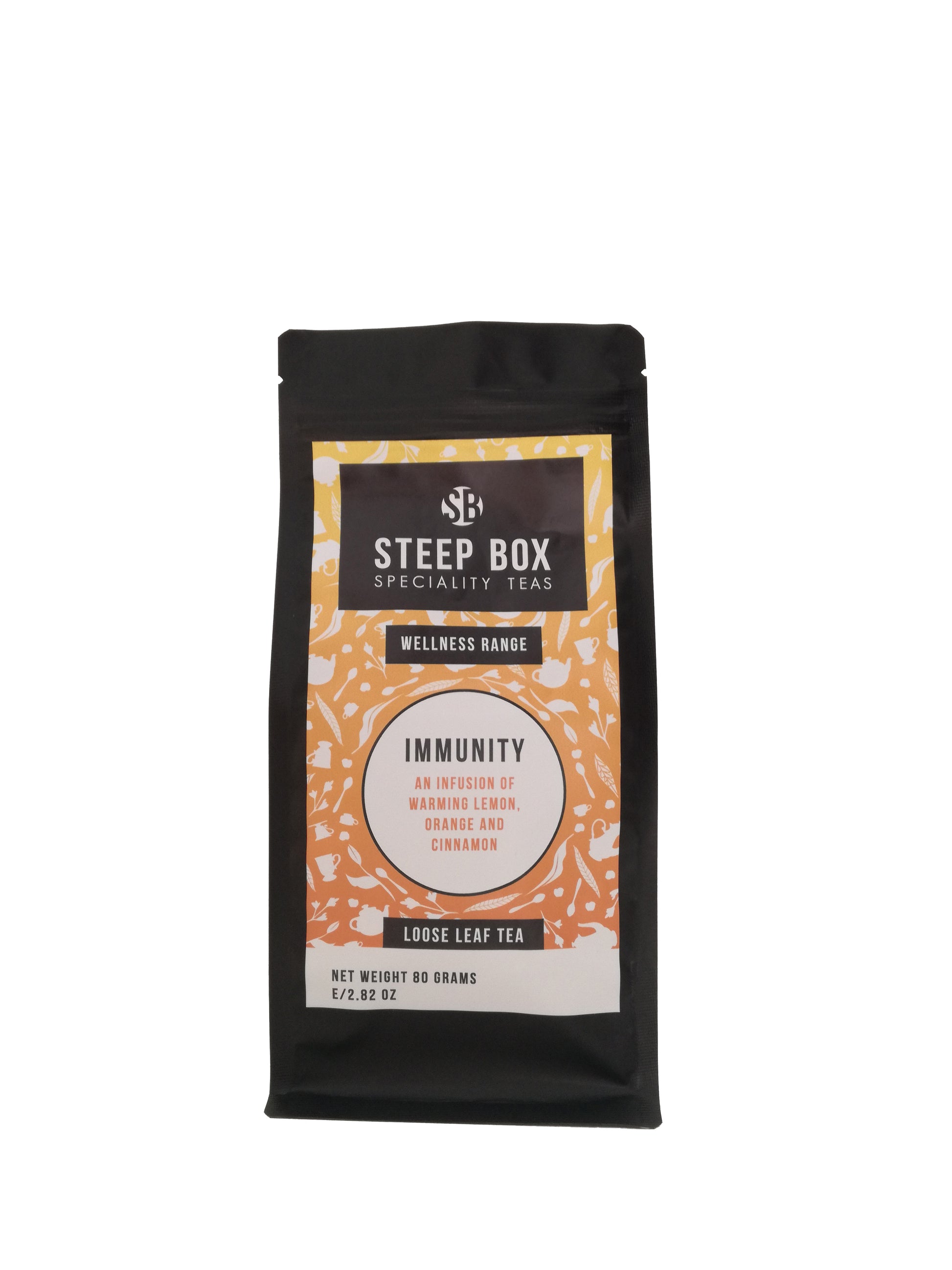 Steep Box Wellness Range Immunity Tea. An infusion of warming lemon, orange and cinnamon. Loose leaf tea